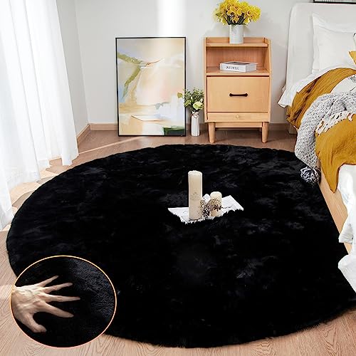 Round Rugs 6ft Faux Rabbit Fur Rug Fluffy Rug for Bedroom Black Faux Fur Machine Washable Area Rugs Living Room Teen Room Home Decor