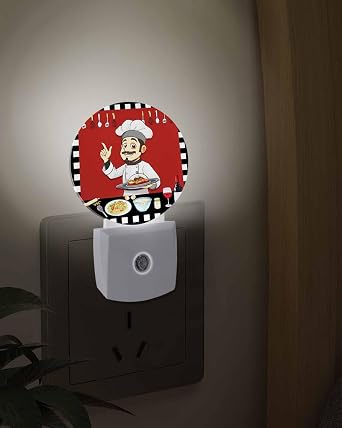 Plug into Night Light Fun Chef Kitchenware Food Burgundy Red LED Auto Sensor Dusk to Dawn Nightlight Black White Checker Smart Dimmable Lights for Home Hallway Bedroom Bathroom