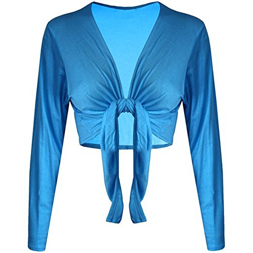 Bolero cardigan top elástico liso de manga larga con nudo frontal en color turquesa talla única