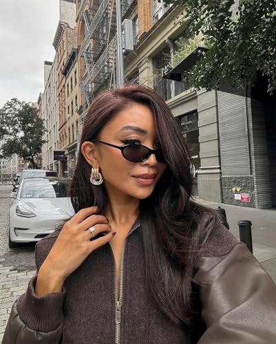 Image of GUVIVI Retro Oval Sunglasses for Women Chic Cat Eye 90s Sunnies Lightweight Narrow Shades Trendy UV protection Sun Glasses