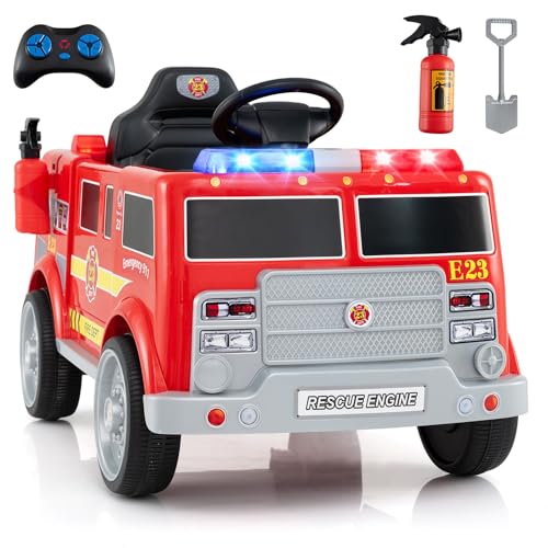 Costzon Kids Ride on Fire Truck, 12V Battery Powered Fire Car w/Remote Control, Extinguisher, Shovel, Loudspeaker, Music, Sirens, Lights & Wireless Connection, Electric Vehicle for Kids(Fire Truck)