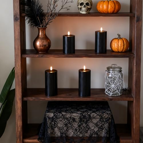 Image of Lezonic Black Flameless Candles with Remote, LED Battery Operated Flickering with Timer, 4 Pack Glossy Wax Drips Design Real Wax Pillar for Halloween Decor, Centerpiece, Birthday Gifts (4 /5 /6 /8 Inch)