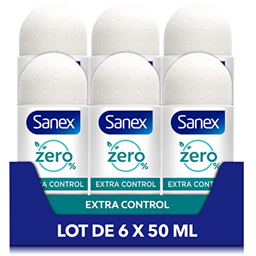 SANEX - Déodorant à Bille 0% Extra Control - Déodorant Homme & Femme - Efficacité 48h - Sans Alcool, Sans Sels d'Aluminium - Lot de 6 Roll-On de 50mL