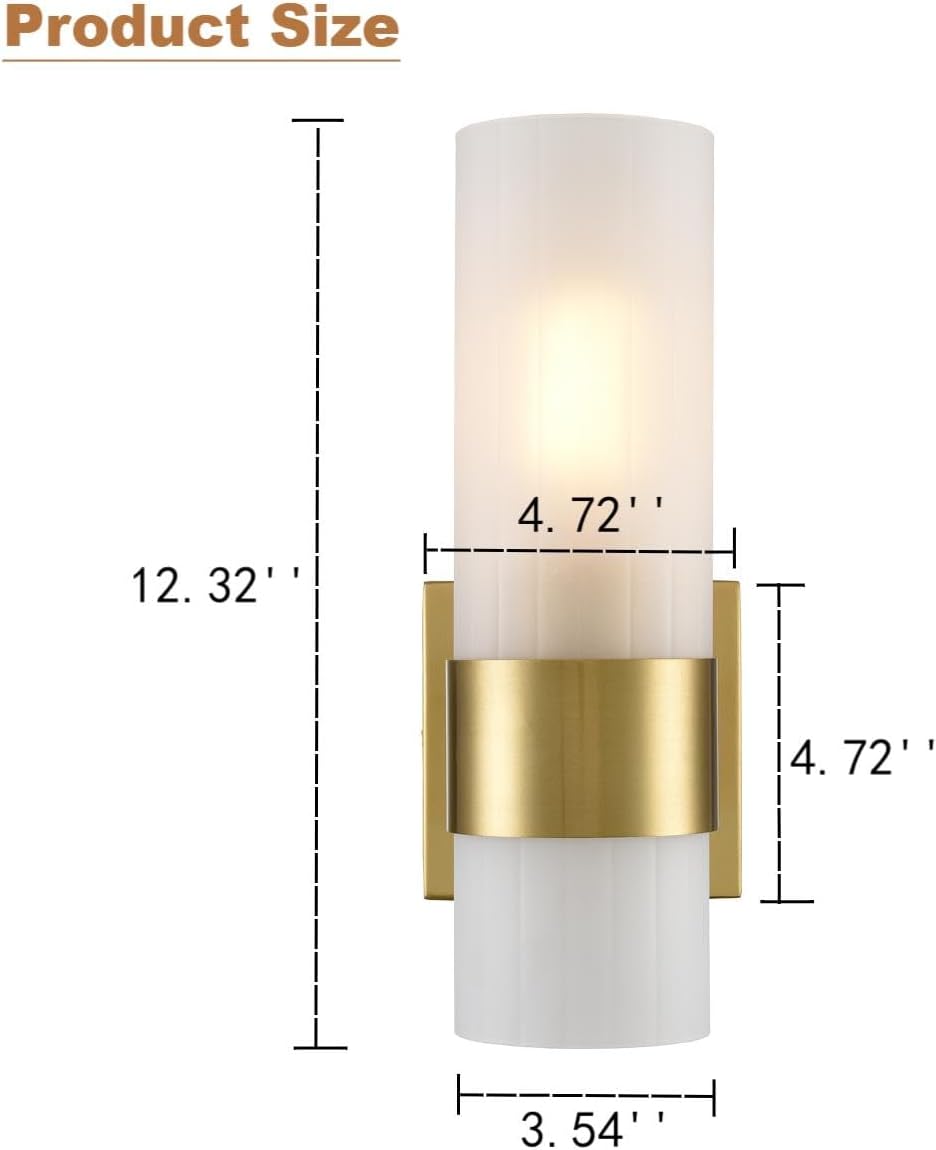 Modern Brass Wall Sconce with Frosted Cylinder Glass Shade for Living Room Bedroom Bathroom Hallway