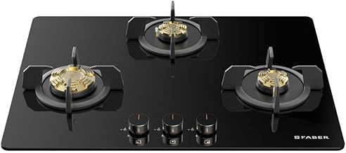 Faber 3 Burner 70Cm HOB |Auto Ignition | HOB PRIME HT703 CRS BR CI AI |Metal Knobs| Cast Iron Pan Support |HOB/Cooktop Hybrid| Black Glass Finish |5 Yr Warranty On Glass,Valve & 2 Yr On Burner