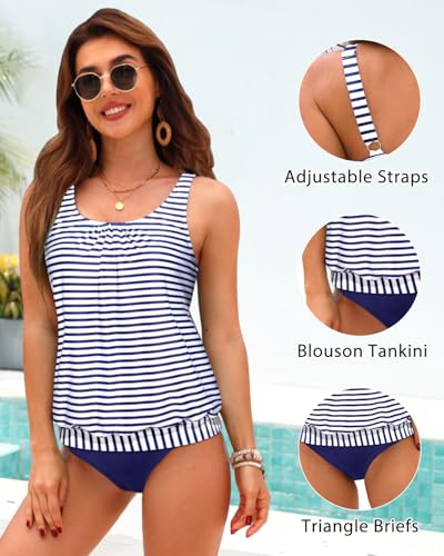 Image of Yonique Women Vintage Chevron 2 Piece Ruched Padded Tankini Set Flyaway Top With Triangle Brief Bottom Bathing Suit
