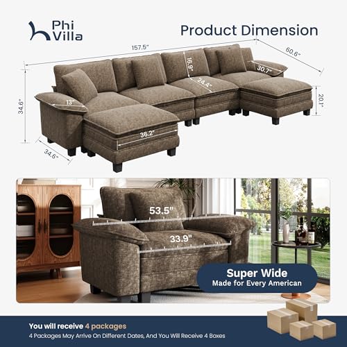 Image of PHI VILLA Cloud Modular Couch Sets, 157.5 inch Oversized Sectional Sofa with U-Shaped Chaise, 6-Seater Couches with Movable Ottomans for Living Room, Chenille Grayish Brown