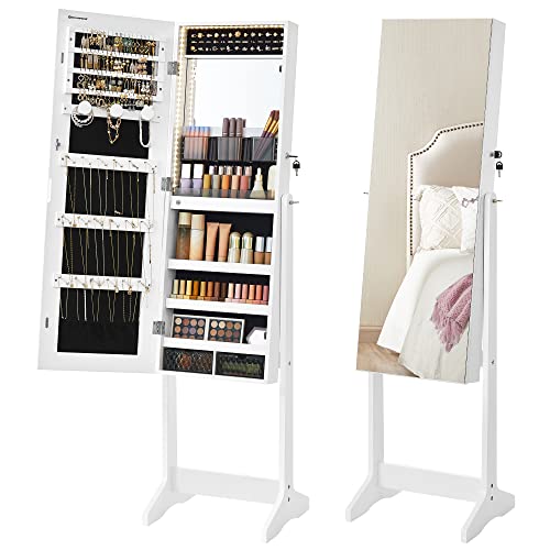 SONGMICS Armoire à Bijoux sur Pied, Rangement Bijoux avec Miroir Psyché Sans Cadre, Éclairage LED, Miroir de Maquillage Intégré, 2 Tiroirs, Verrouillable,...