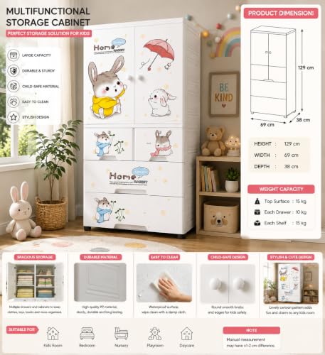 Image of AYSIS Premium Modular Wardrobe for Bedroom, Kids Room and Home | Spacious Clothes Storage Cabinet with Drawers and Shelves | Modern Stylish Design, Heavy Duty, Multipurpose Organizer -CuteRabbit