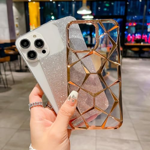 Image of VONZEE Compatible with iPhone 15 Pro Max Gradient Glitter Case, Luxury Electroplated 3D Cube, Diamond Bling Shiny Soft TPU Clear Shockproof Case Women Girls Protective Phone Cover (Gold)