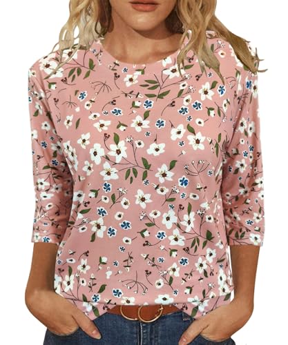 Image of JomeDesign Womens Tops 3 /4 Sleeve Shirts Round Neck Loose Casual Blouses Floral Print Tshirts