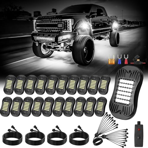 SHINIGHT 20 Pods White Rock Lights for Trucks/UTV/ATV - 36 LEDs 6500K Super Bright Waterproof Underglow Kit with Connectors&Switch&Extension Wires (20 Pods)