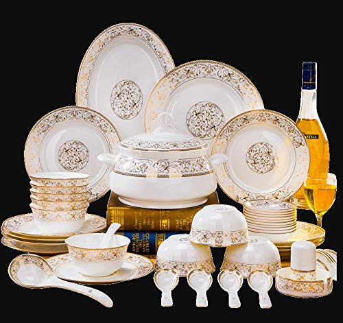 Tableware set bone china tableware crockery dinner set bowl plate Chinese combination tableware Jindian Vienna 60 pieces luxury