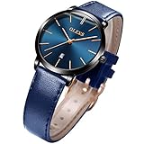 OLEVS Women's Watches Leather Band for Women Ladies Female Dress Waterproof Thin Minimalist Blue Dial Big Face Fashion Casual Slim Quartz Analog Wrist Watch with Date Calendar Classic Gifts Two Tone