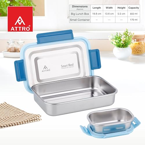 Image of ATTRO Smart Meal Medium Stainless Steel Lunch Box with 1 Small Container Airtight Spill-Proof BPA Free Food Grade Ideal for Office, School, Picnic- Blue-800ml+170ml