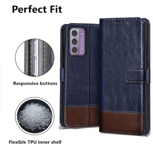 Image of SHINESTAR Ultimate Dual Shade Leather Finish Flip Back Cover for Nokia G42 5G | Inside TPU & Inbuilt Stand | Wallet Style Back Cover for Nokia G42 5G Flip Cover | - Blue