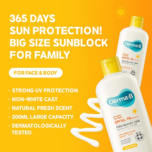 Derma B Everyday Sun Block Large Size Sunscreen SPF50+ PA++++ 6.71 Fl Oz, 200ml Fast-Absorbing Lightweight SPF Moisturizer, Facial Body Non-Sticky for Dewy Skin, Korean Protection Lotion - Image 3