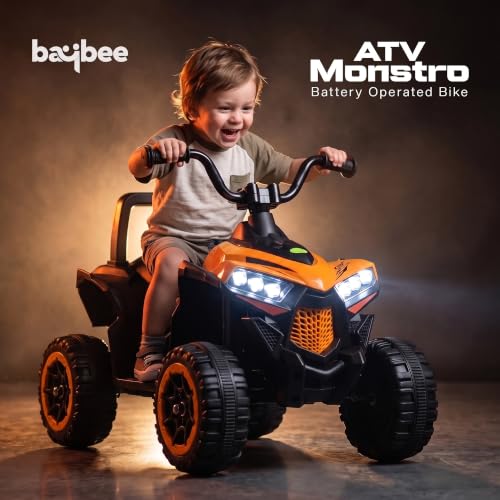 Image of Baybee Monstro Baby Electric Bike for Kids | Rechargeable Balance Bikes with LED Lights, USB, Music & Backrest | Beach ATV Dirt Bikes, 6V Battery Operated Kids Bike for 2-5 Years Boys Girls (Orange)