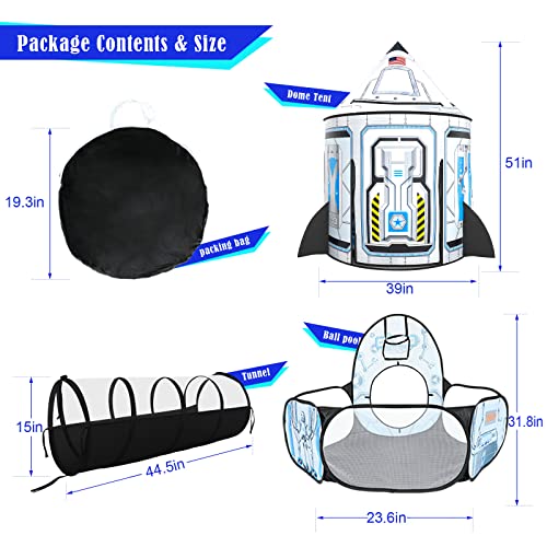 Image of 3pc Kids Play Tent for Girls with Ball Pit, Crawl Tunnel, Princess Tents for Toddlers, Baby Space World Playhouse Toys (3PC White Rocket Play Tent)