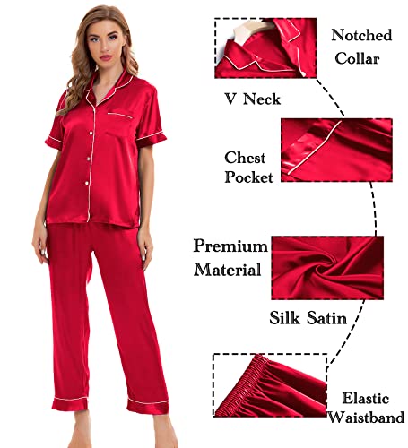Image of SWOMOG Womens Silk Satin Pajamas Sets 4pcs Sleepwear Sexy Cami Shorts Set and Button Down Short Sleeve Pjs Loungewear
