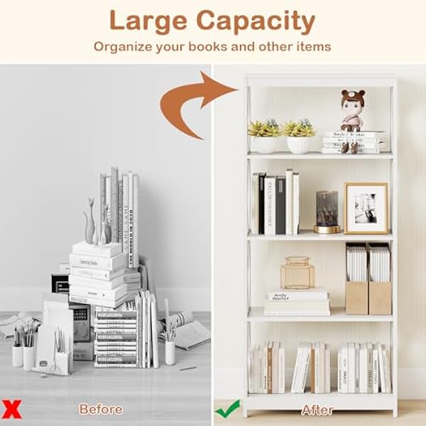 GIANTEX Книжная полка, полка с 4 открытыми полками, кухонная полка с защитой от опрокидывания, современная напольная полка для офиса, гостиной, спальни, кабинета, 70 x 30 x 155 см, белый