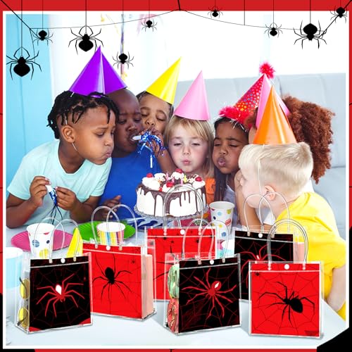 Image of Teenyyou 24 Pcs Spider Party Favor Bags Bulk Spider Web Clear PVC Goodie Reusable Transparent Treat Snack Cookie Candy Bags with Handles for Birthday Party Supplies