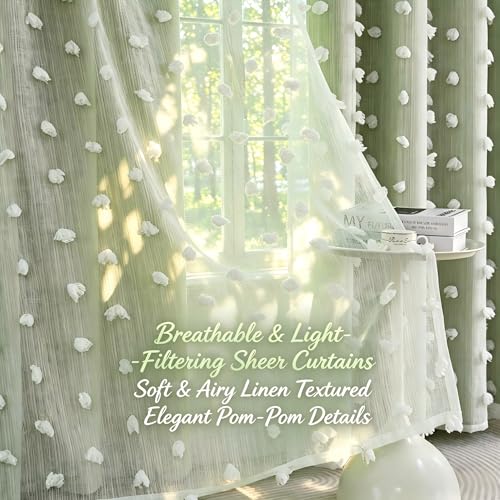 Image of Green Room Darkening Curtain for Girls Nursery Bedroom 52x54 Inch | 80% Blackout Double Layer Curtains with Pom Pom Sheer Overlay, Grommet Privacy Drapes for Toddler Bedroom Decor, 2 Panels