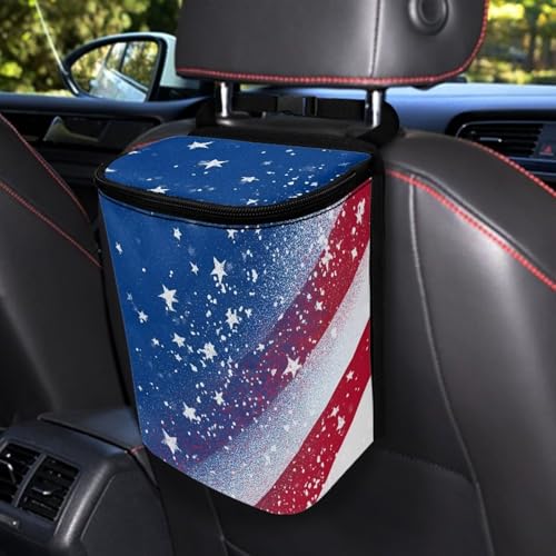 Image of Talayituse American Flag Star Print Car Trash Can with Lid, 4th of July Leak Proof Auto Trash Bag Hanging Vehicle Garbage Can Multipurpose Storage Container for Back Seat Road Trip