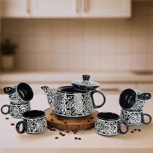Image of 'Black Mughal' Premium Ceramic Tea Cup Set with Kettle & 6 Cups | Floral Printed Ceramic Cup with Teapot | Handcrafted, Microwave & Dishwasher Safe | Tea Serving Set for Home, Office & Gifting