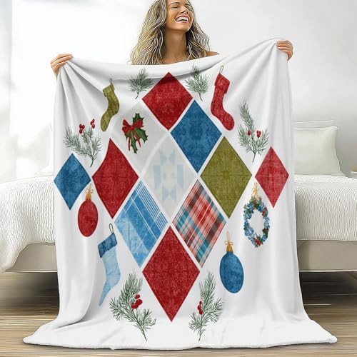 Patchwork Cuadrados Geométrico Manta Suave y cálida Temática Navideña Manta para Cama Suave, Franela Polar Cálida para niñas y niños - Acogedora y Ligera para Todas Estaciones, 150 x 200 cm