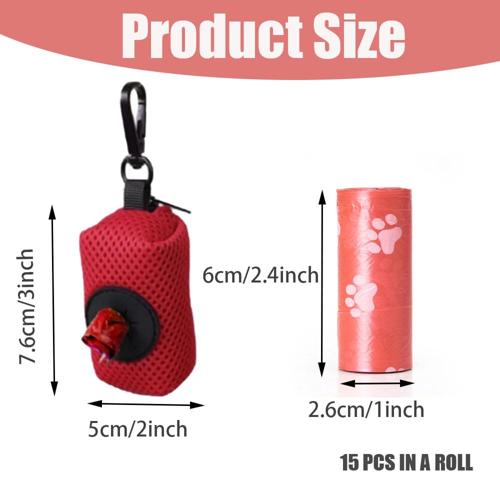 Poo Bag Holder with Dog Poo Bags Reusable Poo Bag Dispenser Portable Mesh Dispenser Pouch Red Poop Waste Bags Pet Supplies for Outdoor Travel Walking Park - Image 2