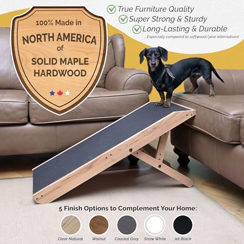 Dog Ramp for Couch with Safety Rails - Adjustable from 14" to 21" with Anti-Slip PAWGRIP & Convenient Platform Top - for Small Dogs up to 150lbs - Made of Solid Hardwood in North America