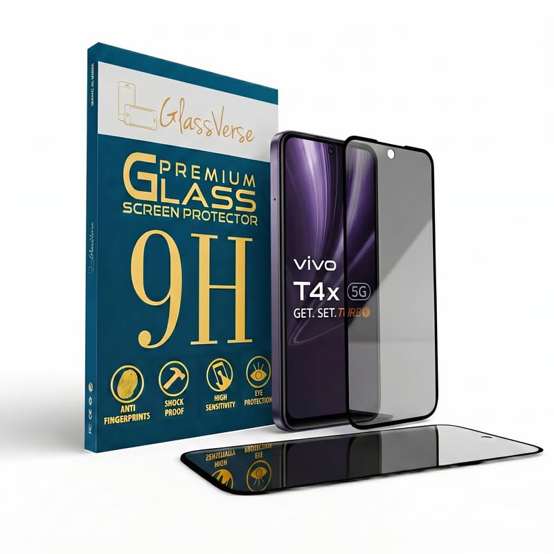 Image of GlassVerse Privacy Tempered Glass for Vivo T4x 5G | Anti Spy Screen Protector, 9H Hardness, Edge to Edge, Case Friendly, Hassle-less Installation Kit Included. (Pack of 2)