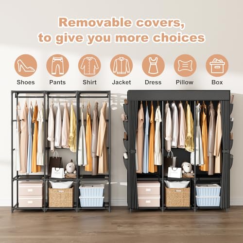 Image of Wardrobe Closet Portable Closets for Hanging Clothes Large Capacity Clothes Rack with Cover, 3 Hanging Rods, 6 Shelves and 8 Pockets, Strong and Stable Free Standing Closet for Bedroom, Black