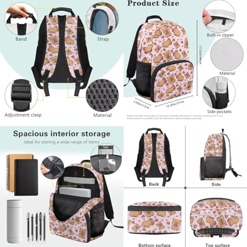 WELLFLYHOM Personalized Capybara School Bag Set for Girls Custom 4 in 1 Strawberry Book Bag with Lunch Box Three Layer Pencil Case for Junior High School Students Kids Backpack Set4