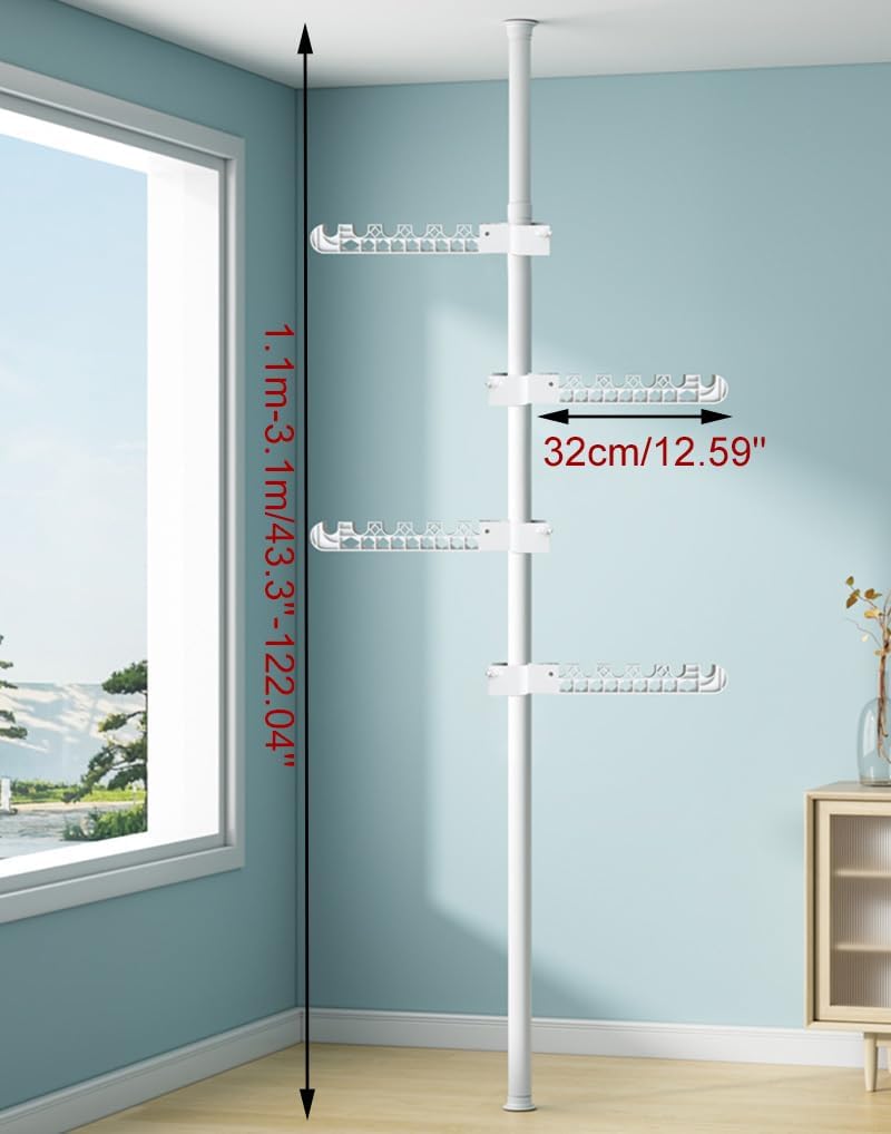 LIYIVNAA 4-Tier Clothes Drying Rack Adjustable Coat Hanger Garment Stand Floor to Ceiling Laundry Pole Tension Rod Storage Organizer for Hanging Clothing, Scarves, Hats, Bags, Purses 43.3''-122.04'' 4 White Hooks White