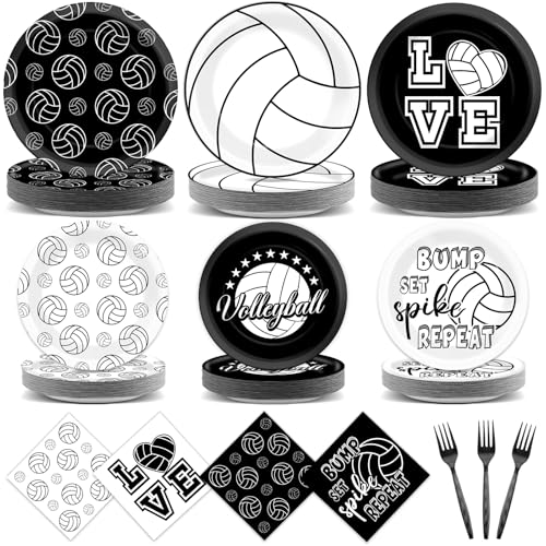 96Pcs Volleyball Birthday Party Decorations Volleyball Paper Plates Napkins Sports Themed Dessert Cake Tableware Set Black White Sports Disposable Table Supplies for Boys Girls Baby Shower Party Favor