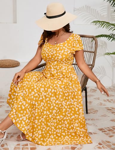 Image of KOJOOIN Women Plus Size Summer Dress Short Sleeve Casual Dress Floral Midi Dress Sweetheart Neck Ruffle Dress