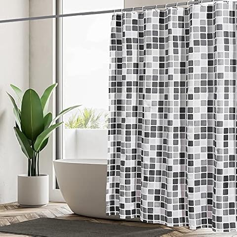 GERUIKE Shower Curtain 180 x 200 cm Waterproof Textile, Washable Polyester Shower Curtain Set with 12 Hooks,Black Grey White, Mosaic Pattern for Bathroom Cover