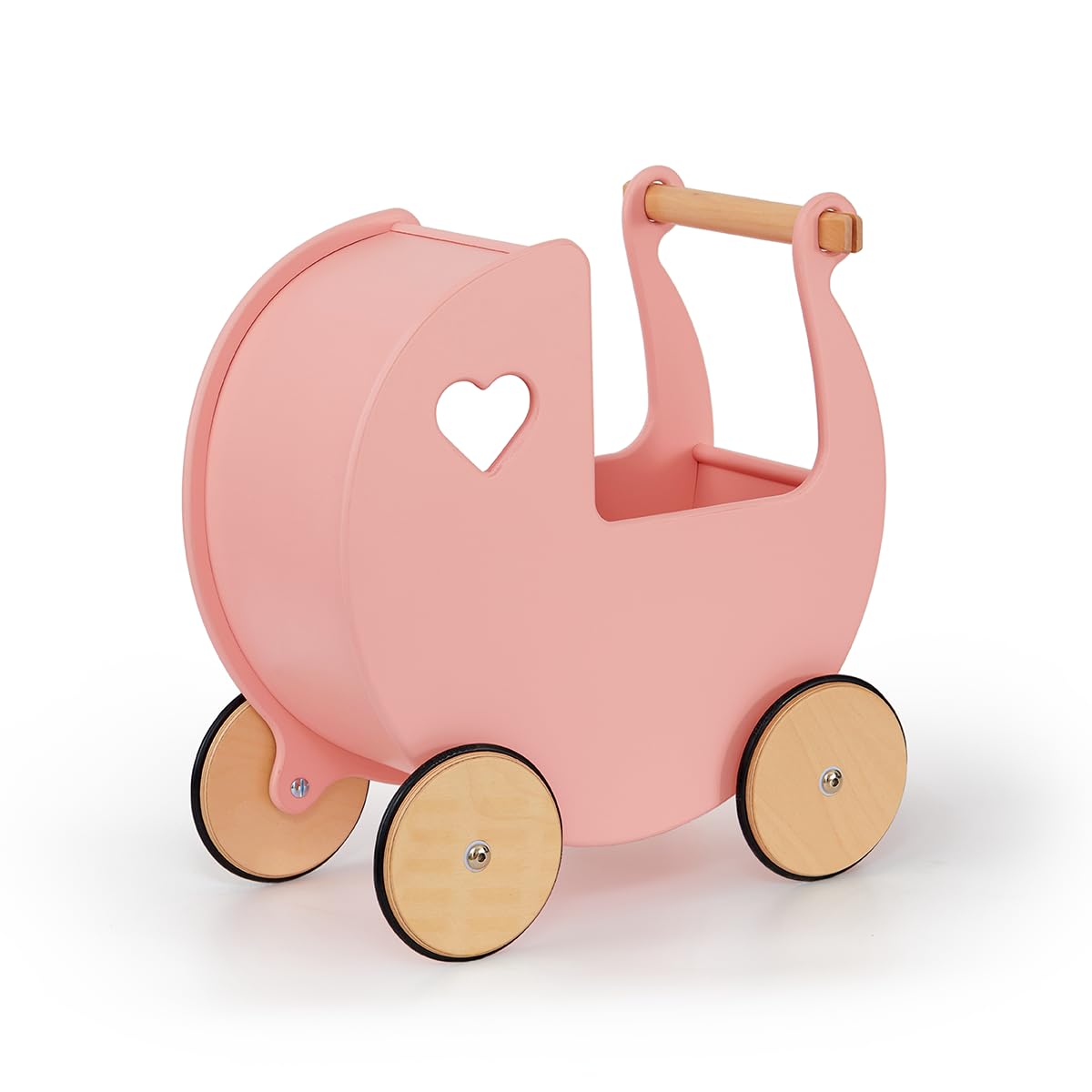Moover Klassischer Puppenwagen für Kleinkinder, komplett montiert, hergestellt in Dänemark aus russischem Birkensperrholz, Nachschubspielzeug, 18 Monate + 44 x 43 x 24 cm, Korallenrosa und Naturholz