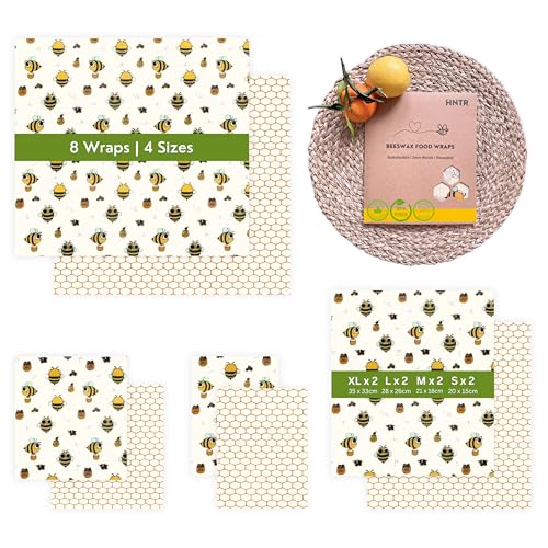 HNTR Organic Beeswax Food Wrap – Set of 8 Beeswax Wraps | Natural Wax Wrap for Food Storage | Artisan Cheese Storage for Fridge | Reusable Sandwich Bag Alternative | Plastic-Free & Sustainable