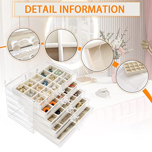Acrylic Jewelry Box with 5 Drawers, Clear Earring Storage Organizer Display Case for Women Girls, Beige2