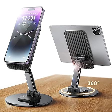 Metal Portable 360° Rotatable Foldable Phone Stand – Metalic Base Cell Phone Holder for Desk & Bed, Compatible with All Smartphones & Tablets