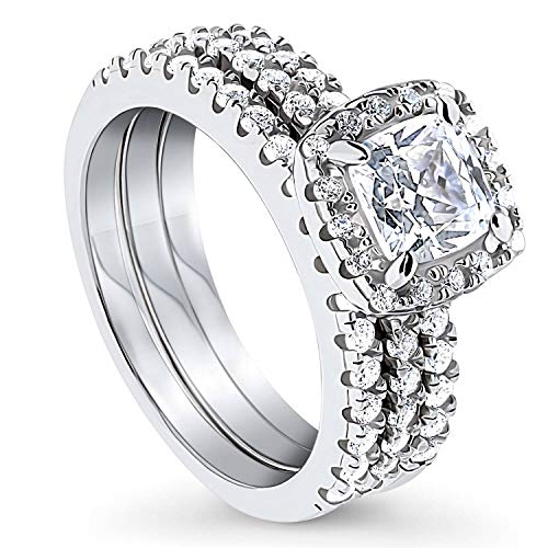 BERRICLE Rhodium Plated Sterling Silver Cushion Cut Cubic Zirconia CZ Halo Engagement Wedding Ring Set 2.3 CTW Size 9.5