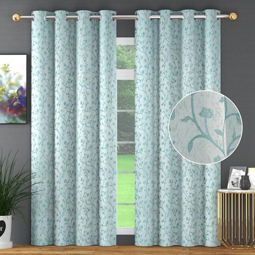 Image of FRESH FROM LOOM Heavy Jari Jacquard Premium Luxury Semi Blackout Parda with Floral Design | Light Blocking 80% Light Control | Eyelet Rings Curtain 8 Feet Long Door & Window (8ft, Aqua, 2pc)