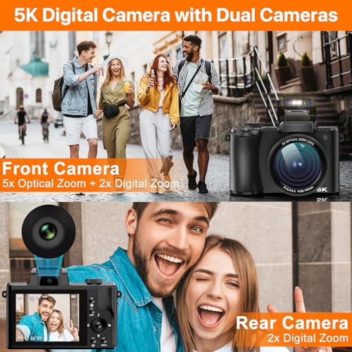 5K Digital Camera 5X Optical Zoom Cameras for Photography, 64MP Front and Rear Dual Cameras Vlogging Camera for YouTube Video with 3.2" IPS Touchscreen, 6-Axis Stabilization, 64G TF Card, 2 Batteries - Image 4