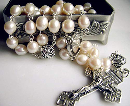 elegantmedical Bali 925 Sterling Silver 8-9mm Real Pearl Beads Catholic Rosary NECKLACE Cross - Image 5