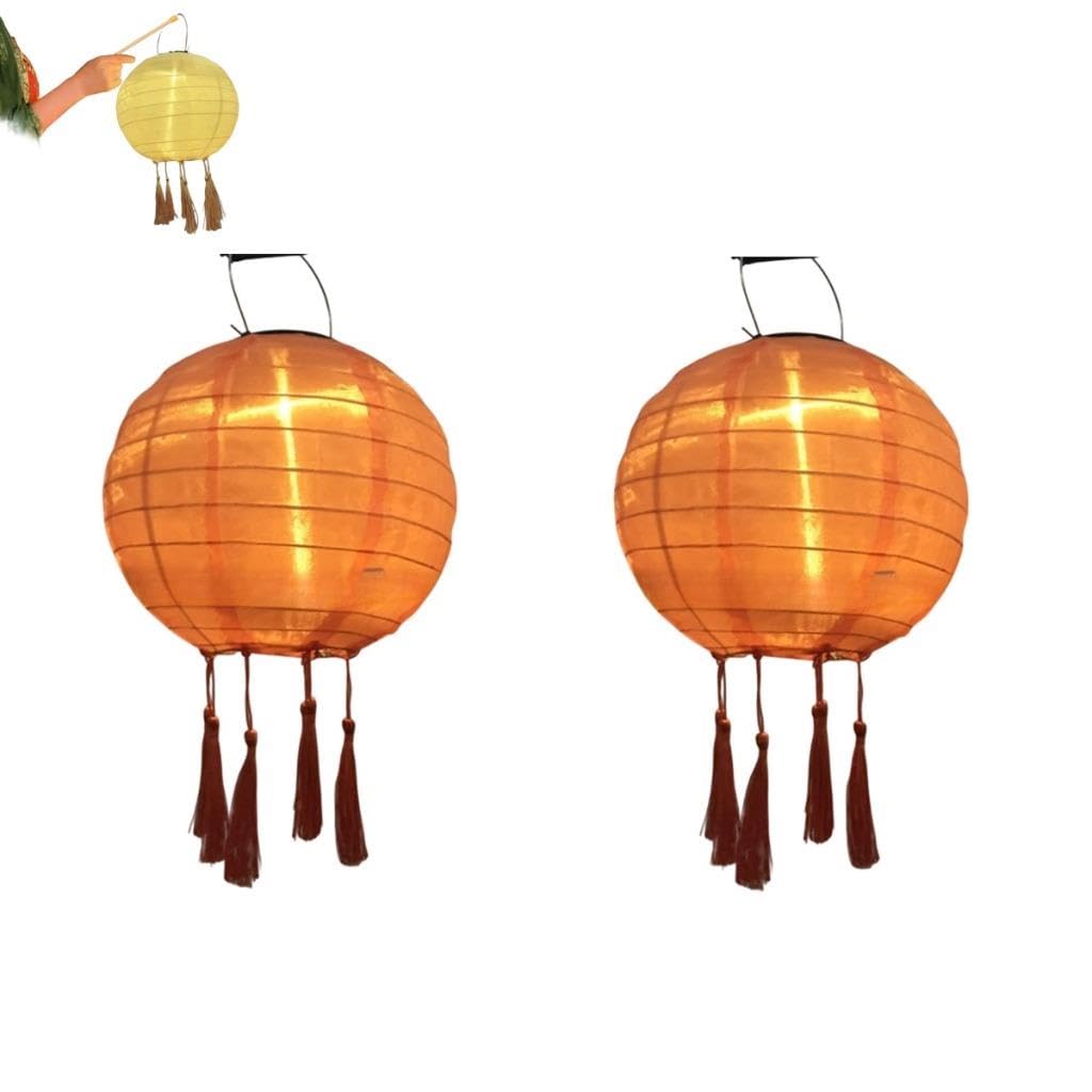 Tefexer 12 Inch Solar Powered LED Lanterns 2 Pcs Water Resistant Round Paper Lanterns with Tassels for Garden Deco, Night Parties, Family Celebrations