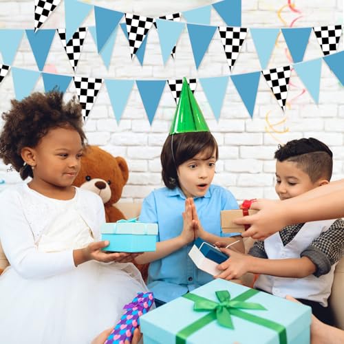 Image of Tiamon 5 Pcs Racing Car Flag Banner Party Decorations Dusty Blue Black | Racing Car Checkered Triangle Flag Race Car Pennant Banner Garland for Birthday Baby Shower 2nd Two Fast Party Supply