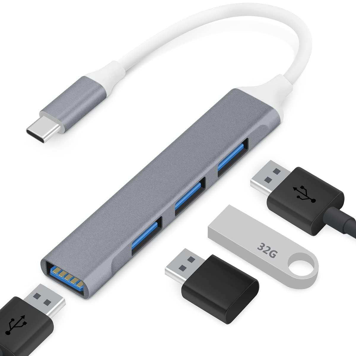 4 in 1 USB C Adapter with 4 USB 3.0 Ports, USB Type C to USB 3.0 Adapter (Grey)-image-39